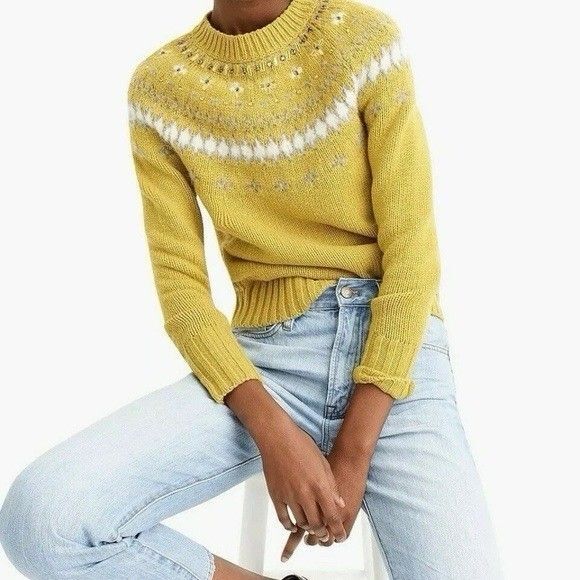 J CREW Sweater S Fair Isle Black Label Embellished Lambswool Alpaca Blend Yellow - Picture 1 of 14